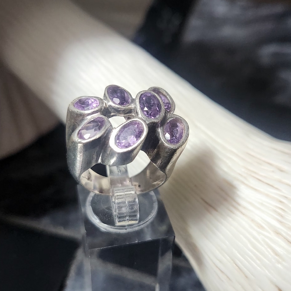 925 Silver Amethyst Cluster Ring with Floral Design